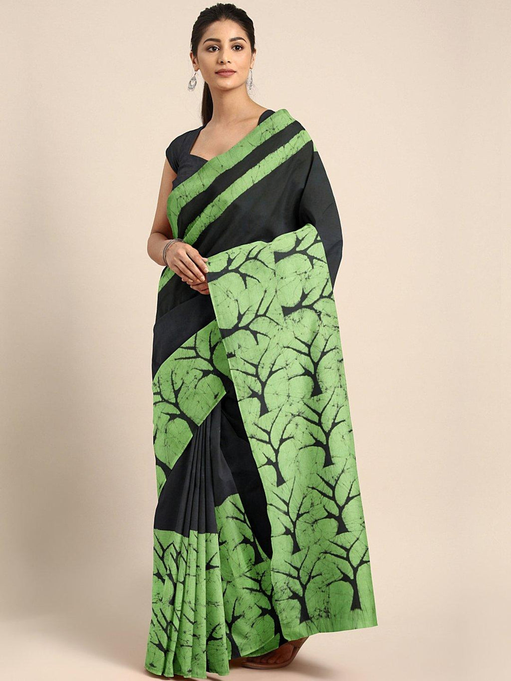 Black & Green Tie & Dyed Handcrafted Cotton Saree - Kalakari India