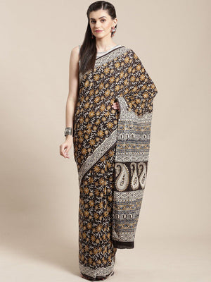 Black & Mustard Yellow Handblock Print Bagru Saree - Kalakari India