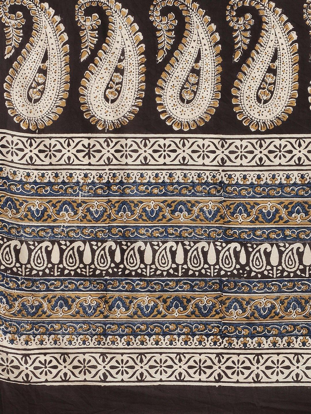 Black & Mustard Yellow Handblock Print Bagru Saree - Kalakari India