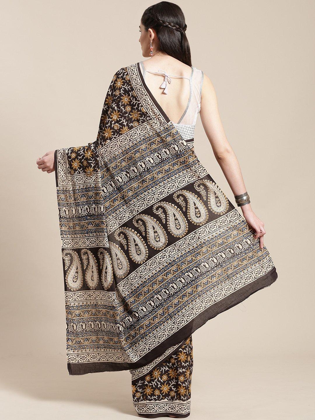 Black & Mustard Yellow Handblock Print Bagru Saree - Kalakari India