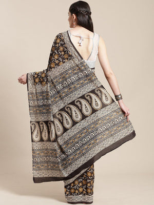 Black & Mustard Yellow Handblock Print Bagru Saree - Kalakari India