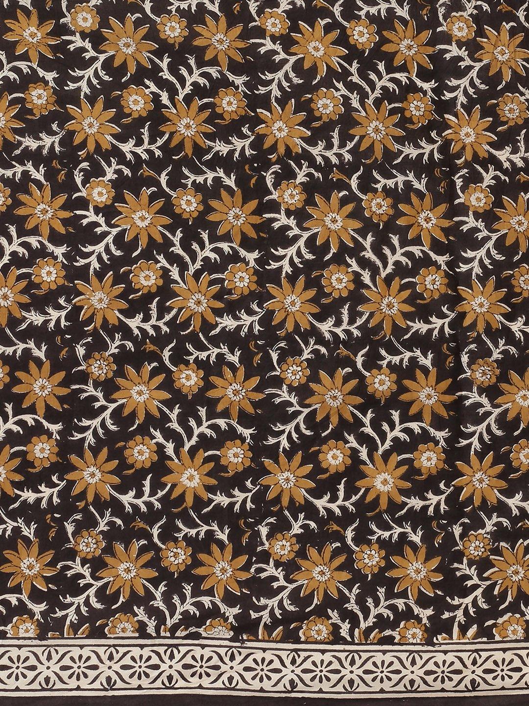 Black & Mustard Yellow Handblock Print Bagru Saree - Kalakari India
