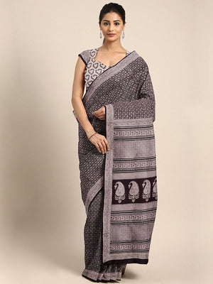 Black Off-White Handblock Print Bagh Saree - Kalakari India