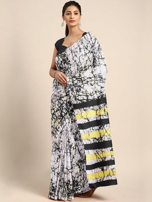 Black & Off-White Tie & Dyed Handcrafted Batik Cotton Saree - Kalakari India
