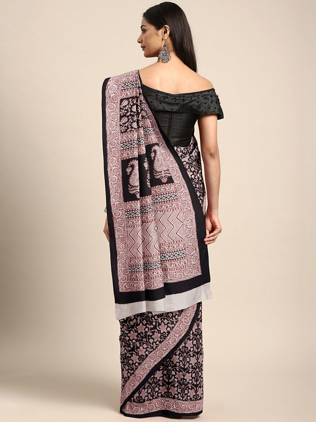 Black Pink Printed Bagh Saree - Kalakari India