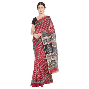 Black & Red Chanderi Silk Hand Block Print Handcrafted Saree - Kalakari India