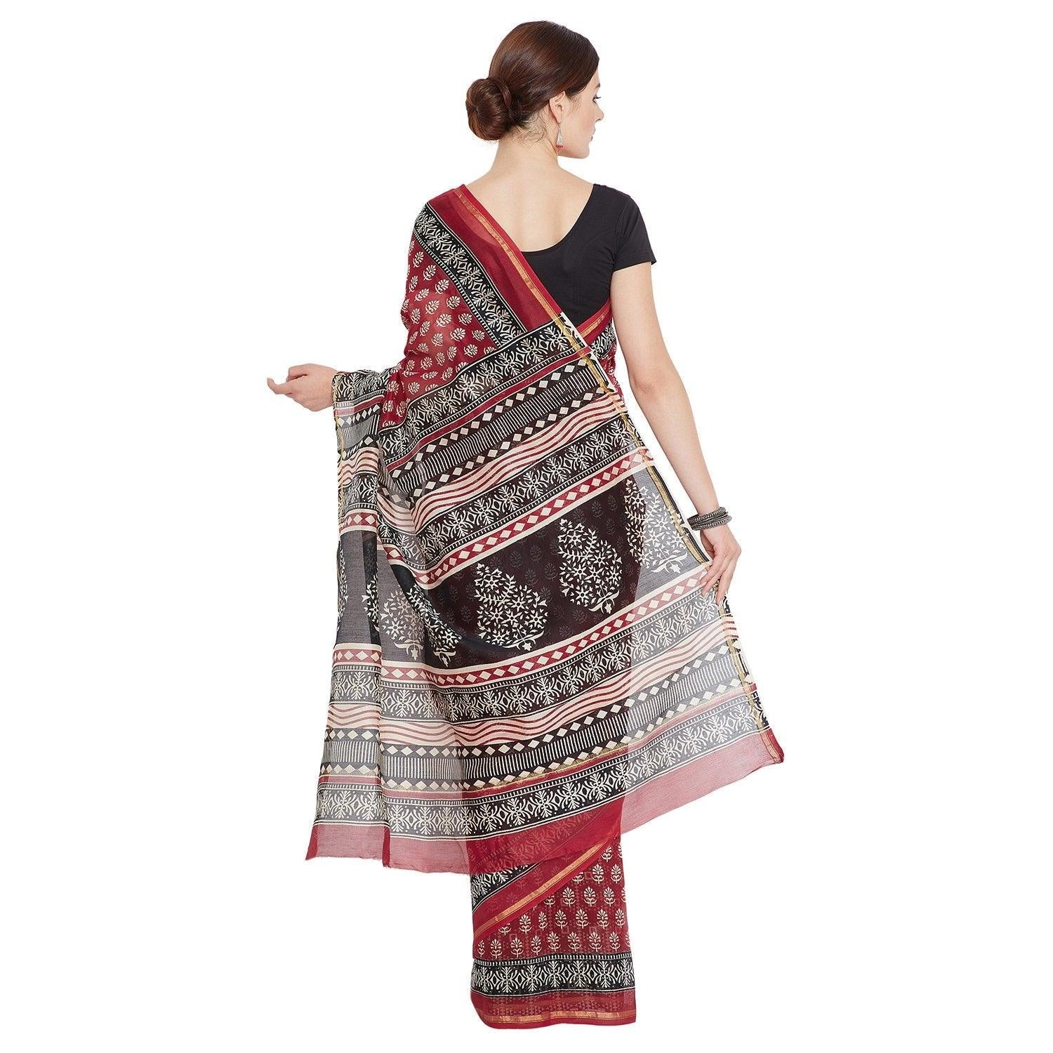 Black & Red Chanderi Silk Hand Block Print Handcrafted Saree - Kalakari India