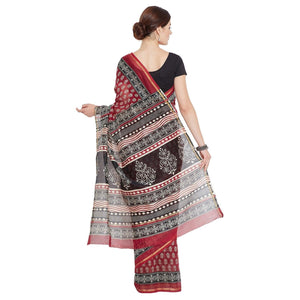 Black & Red Chanderi Silk Hand Block Print Handcrafted Saree - Kalakari India