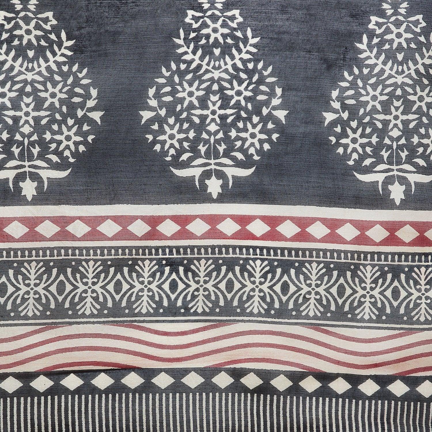 Black & Red Chanderi Silk Hand Block Print Handcrafted Saree - Kalakari India
