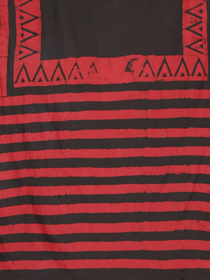 Black & Red Striped Mud Resist Handblock Print Handcrafted Cotton Saree - Kalakari India