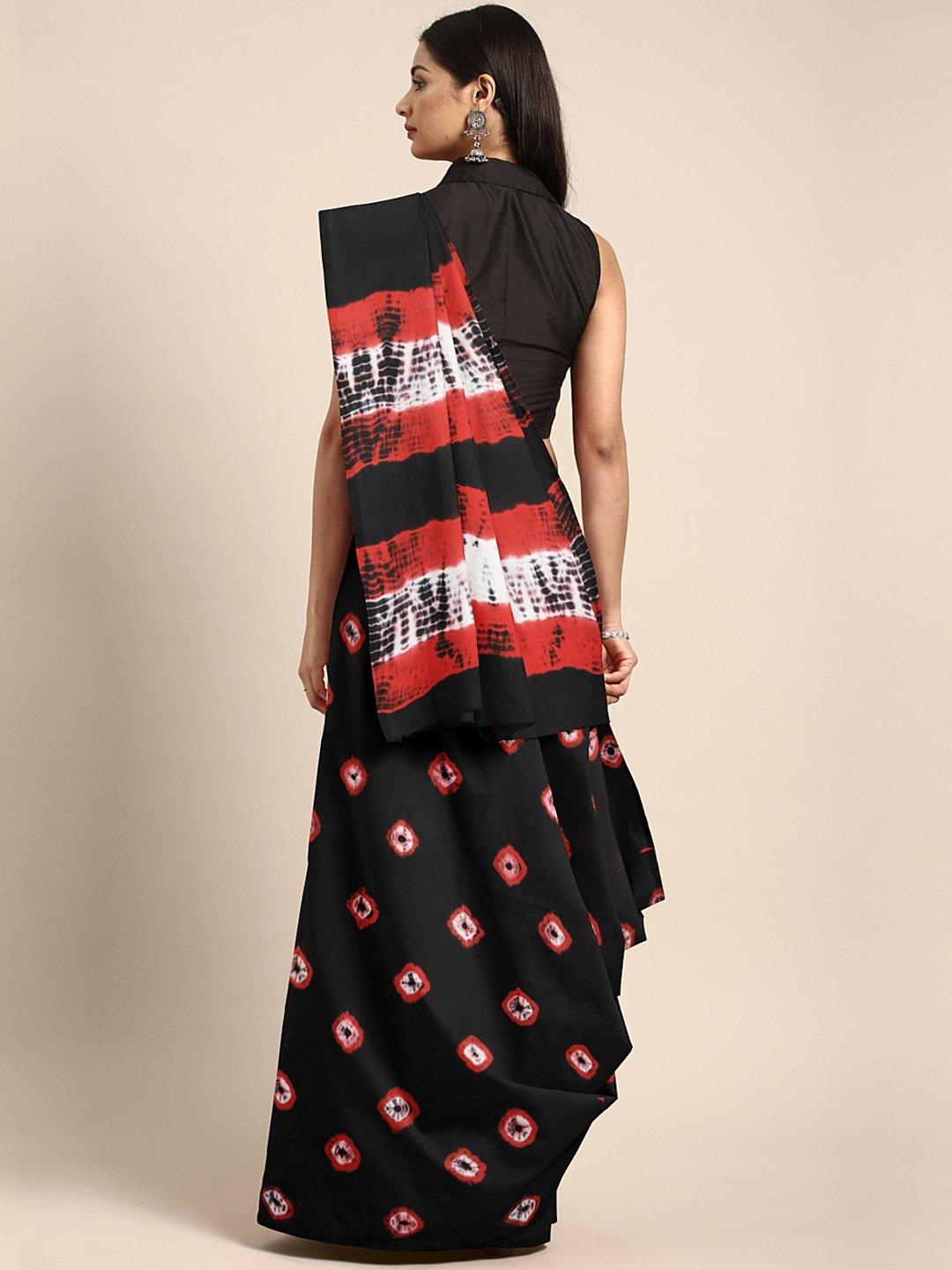 Black & Red Tie & Dyed Handcrafted Cotton Saree - Kalakari India