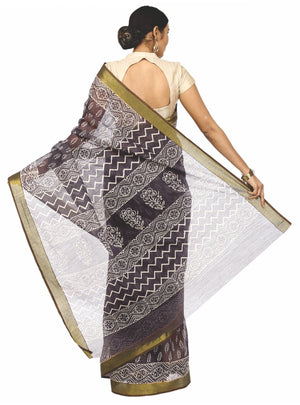 Black Sanganeri Block Print Cotton & Supernet Ttraditional Handcrafted Saree - Kalakari India