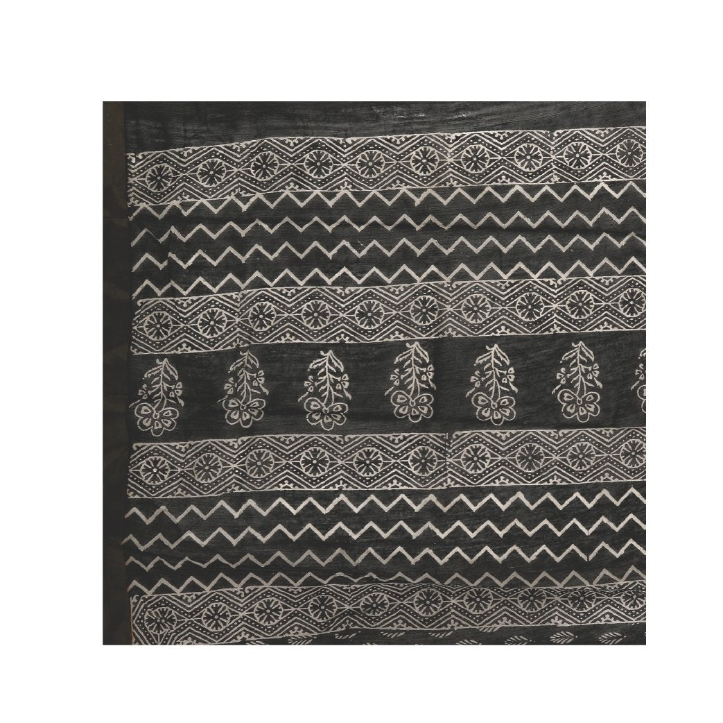 Black Sanganeri Block Print Cotton & Supernet Ttraditional Handcrafted Saree - Kalakari India