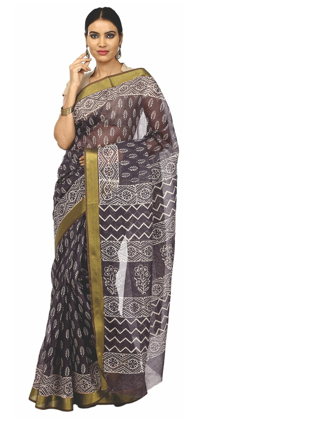 Black Sanganeri Block Print Cotton & Supernet Ttraditional Handcrafted Saree - Kalakari India