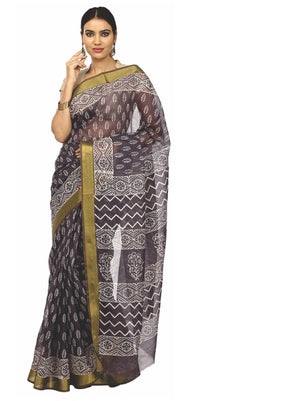 Black Sanganeri Block Print Cotton & Supernet Ttraditional Handcrafted Saree - Kalakari India