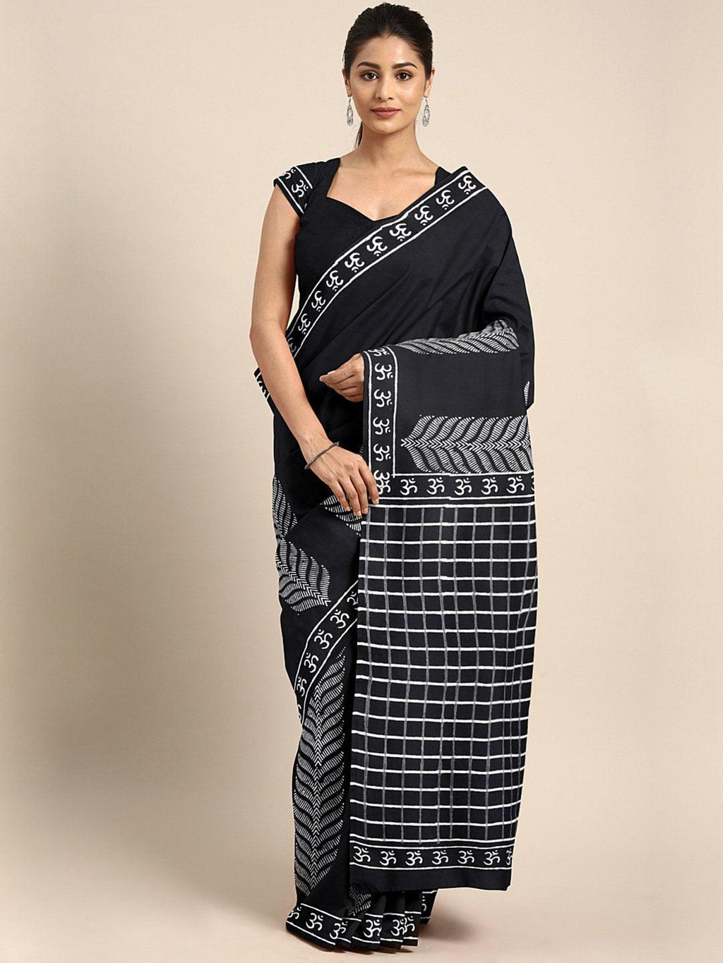 Black & White Block Print Handcrafted Cotton Saree - Kalakari India