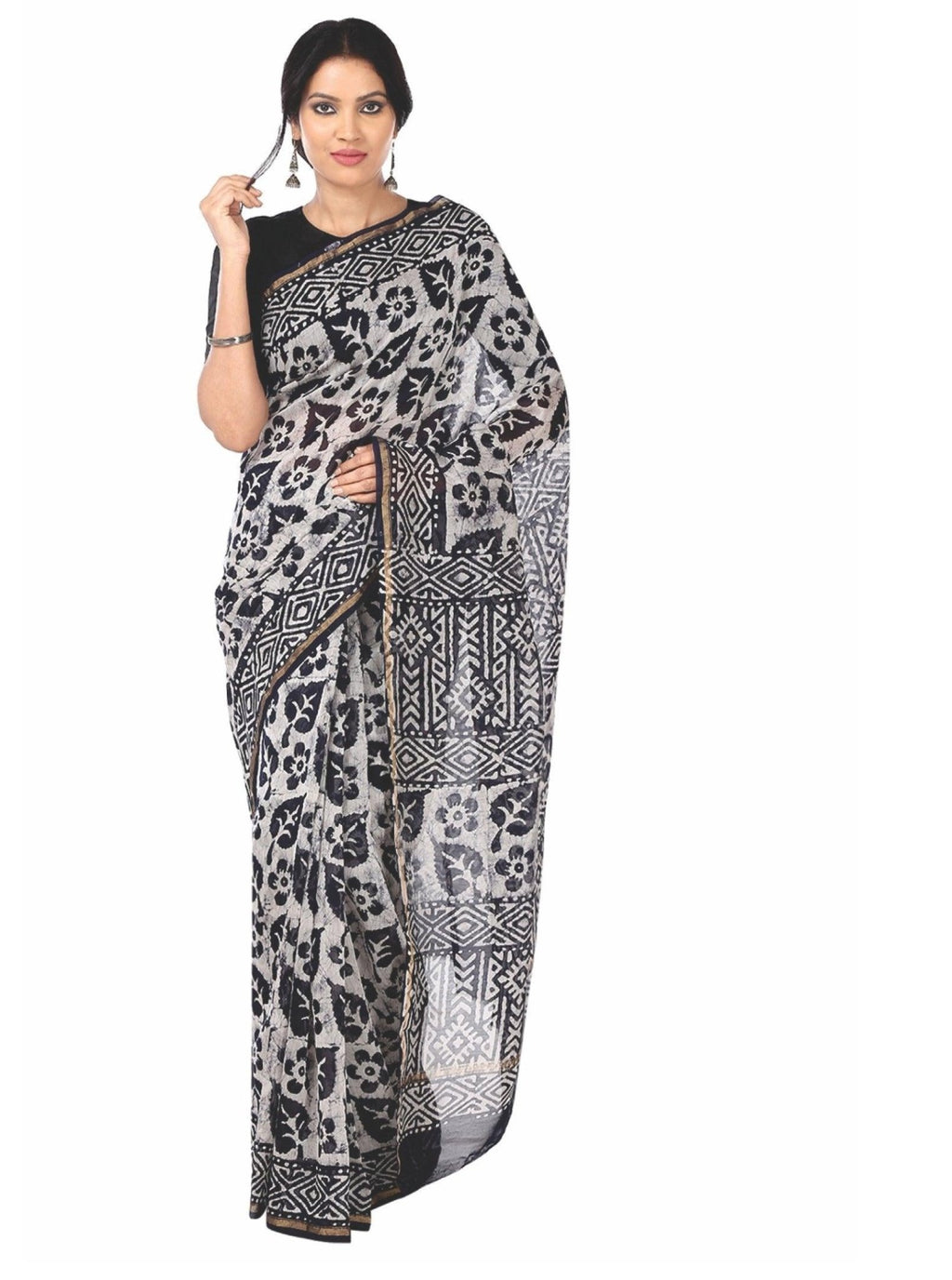 Black & White Chanderi Silk Batik Block Print Handcrafted Saree - Kalakari India