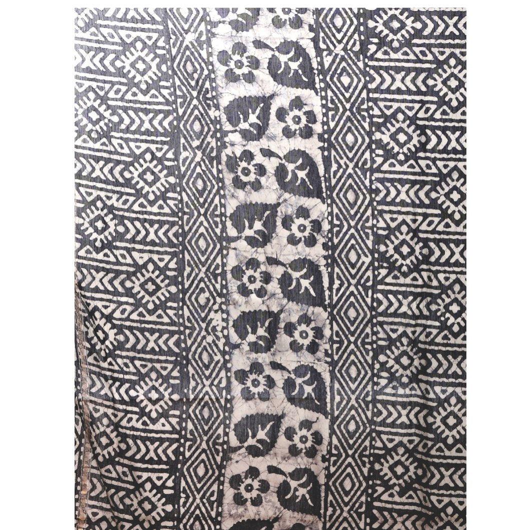 Black & White Chanderi Silk Batik Block Print Handcrafted Saree - Kalakari India