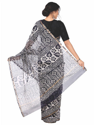 Black & White Chanderi Silk Batik Block Print Handcrafted Saree - Kalakari India