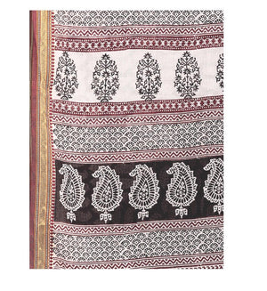 Black & White Cotton Hand Block Bagh Print Handcrafted Saree - Kalakari India
