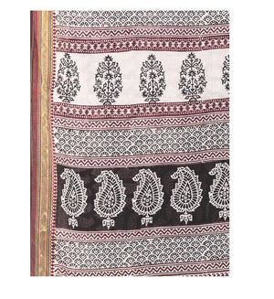 Black & White Cotton Hand Block Bagh Print Handcrafted Saree - Kalakari India