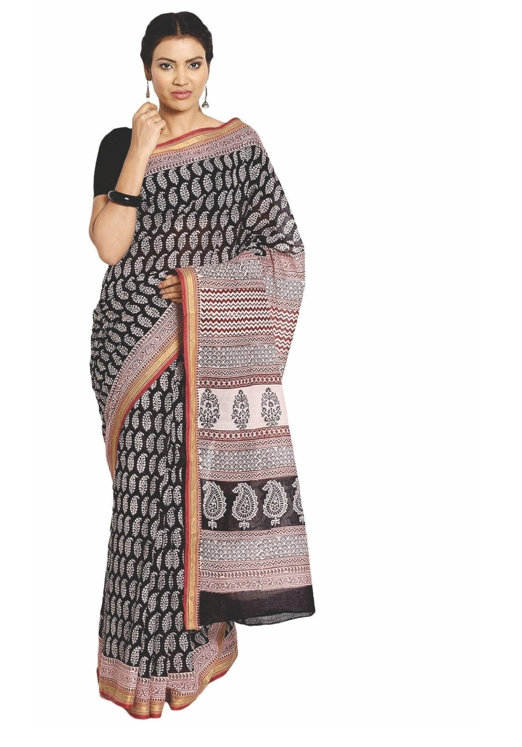 Black & White Cotton Hand Block Bagh Print Handcrafted Saree - Kalakari India