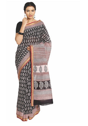 Black & White Cotton Hand Block Bagh Print Handcrafted Saree - Kalakari India