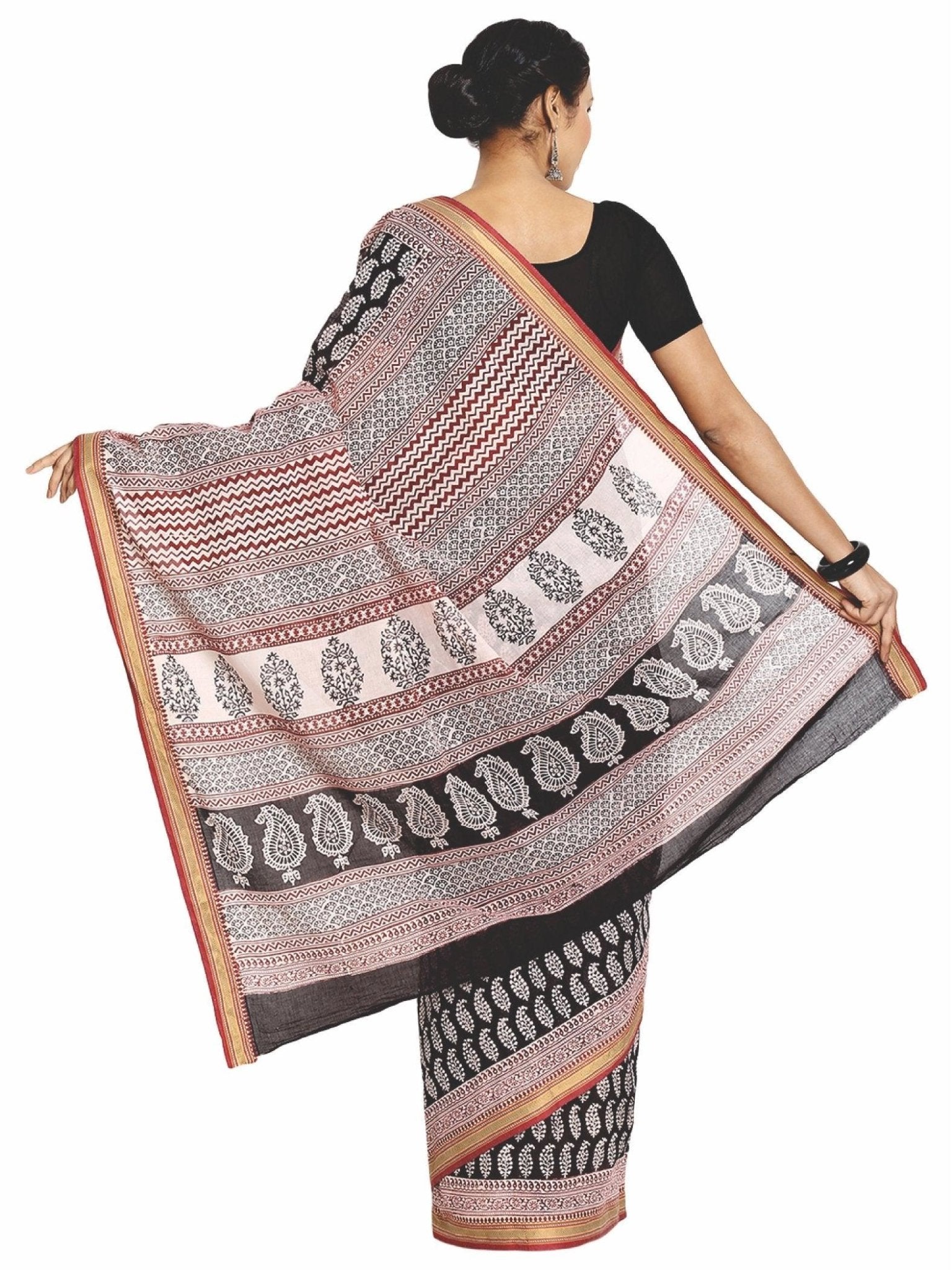 Black & White Cotton Hand Block Bagh Print Handcrafted Saree - Kalakari India