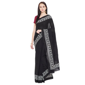 Black & White Hand Block Print Handcrafted Cotton Saree - Kalakari India