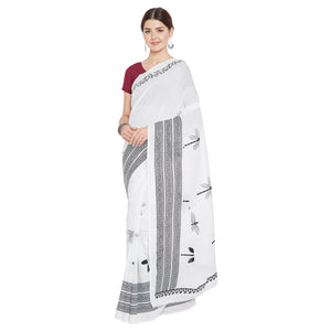Black & White Hand Block Print Handcrafted Cotton Saree - Kalakari India