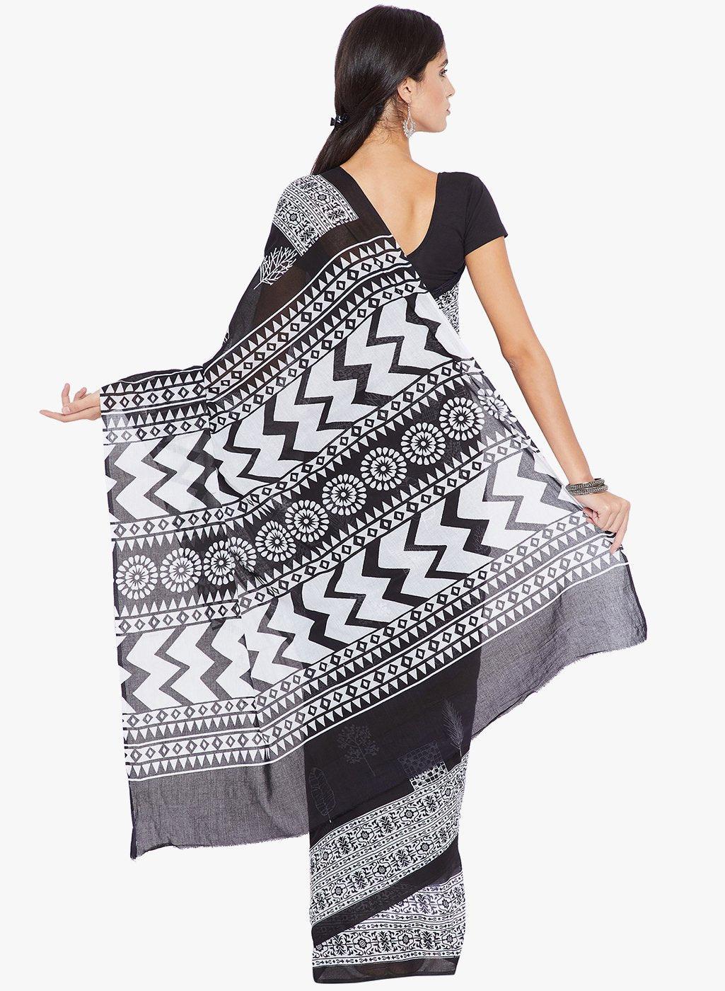 Black & White Hand Block Print Handcrafted Cotton Saree - Kalakari India