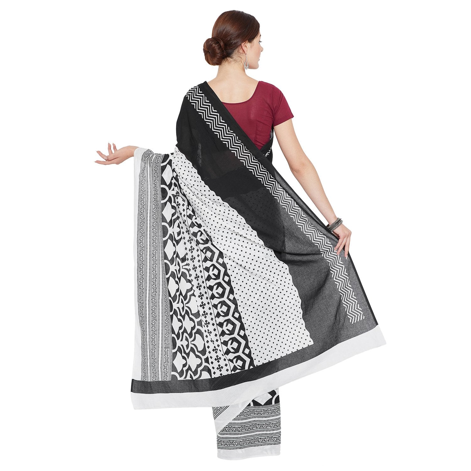 Black & White Hand Block Print Handcrafted Cotton Saree - Kalakari India