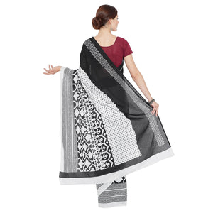 Black & White Hand Block Print Handcrafted Cotton Saree - Kalakari India