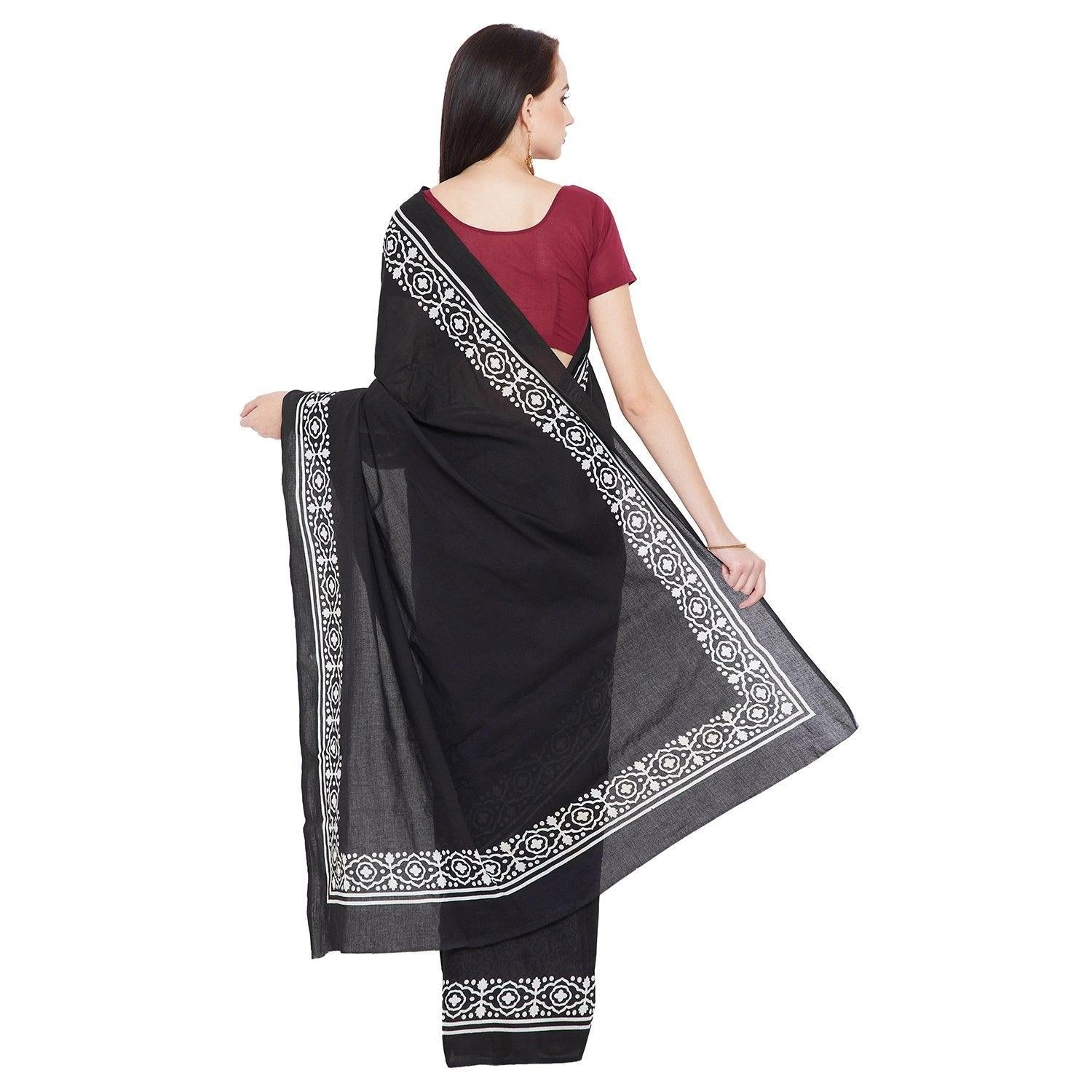Black & White Hand Block Print Handcrafted Cotton Saree - Kalakari India