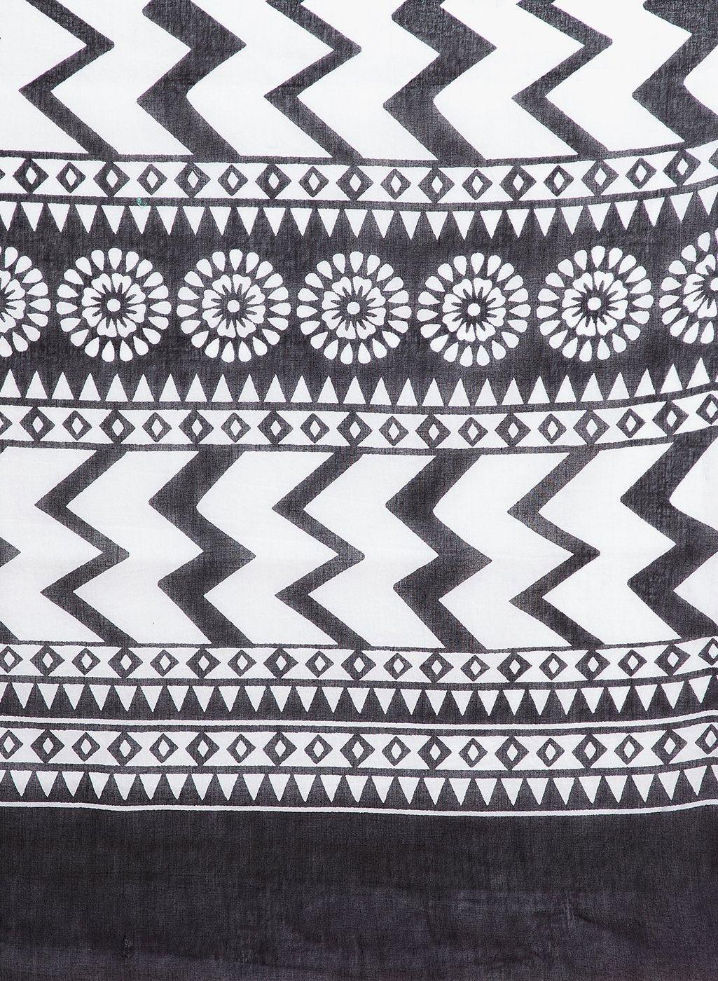 Black & White Hand Block Print Handcrafted Cotton Saree - Kalakari India