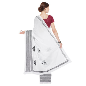 Black & White Hand Block Print Handcrafted Cotton Saree - Kalakari India