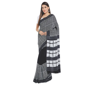 Black & White Hand Block Print Handcrafted Cotton Saree - Kalakari India