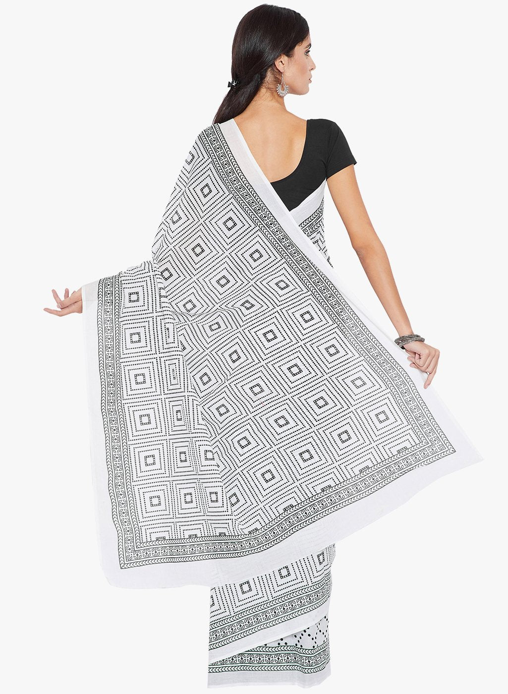 Black & White Hand Block Print Handcrafted Cotton Saree - Kalakari India