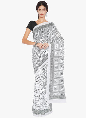 Black & White Hand Block Print Handcrafted Cotton Saree - Kalakari India