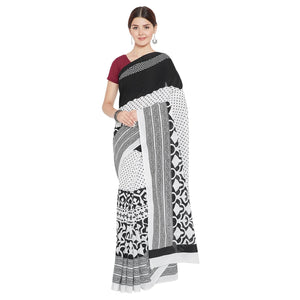 Black & White Hand Block Print Handcrafted Cotton Saree - Kalakari India