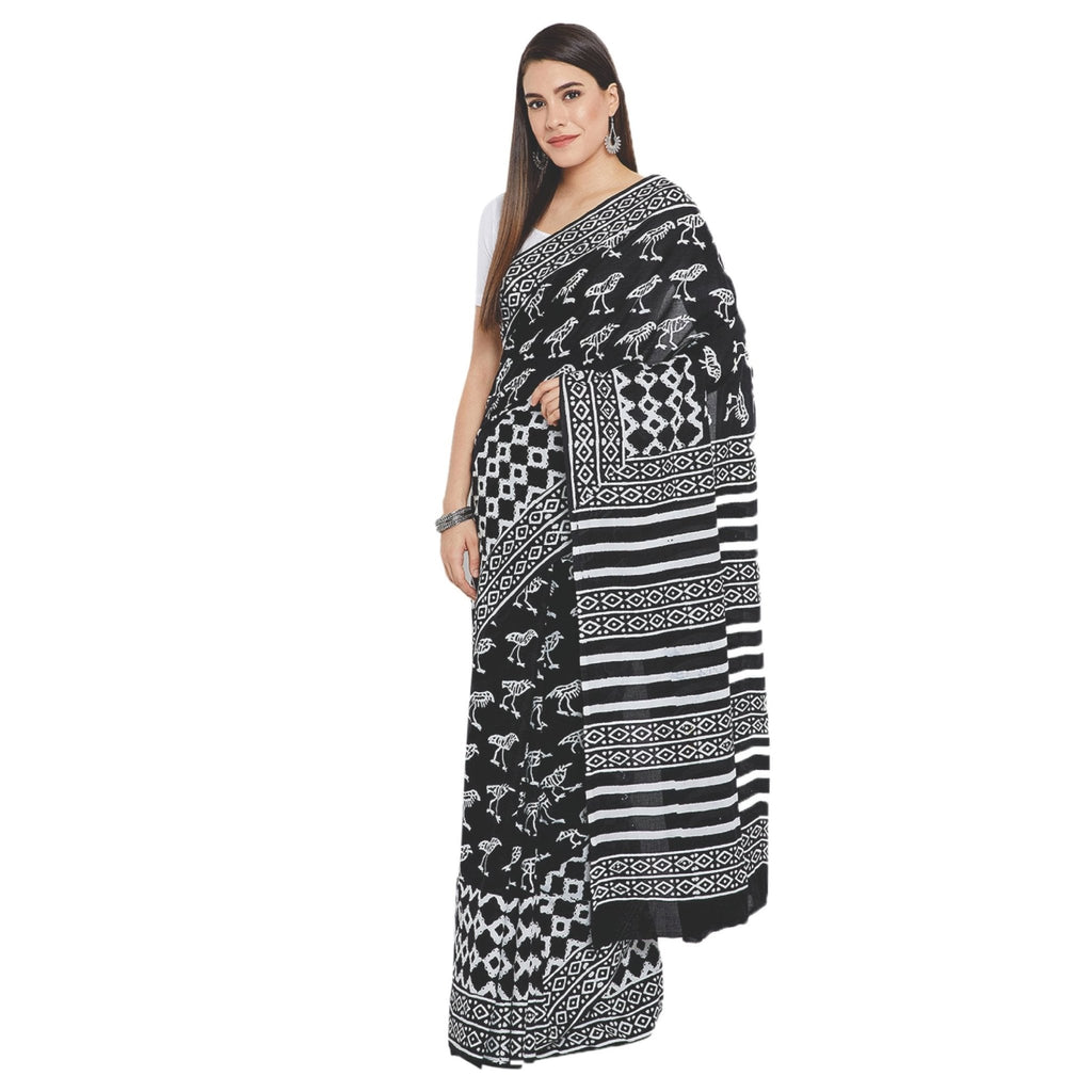 Black & White Hand Block Print Handcrafted Cotton Saree - Kalakari India