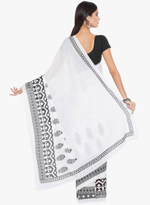 Black & White Hand Block Print Handcrafted Cotton Saree - Kalakari India