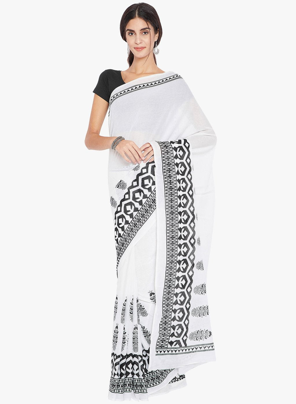 Black & White Hand Block Print Handcrafted Cotton Saree - Kalakari India