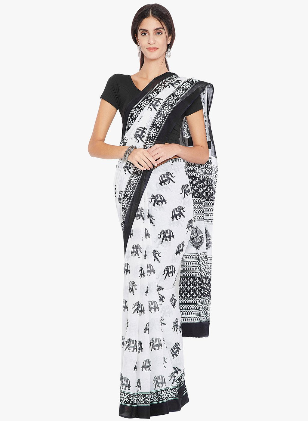 Black & White Hand Block Print Handcrafted Cotton Saree - Kalakari India