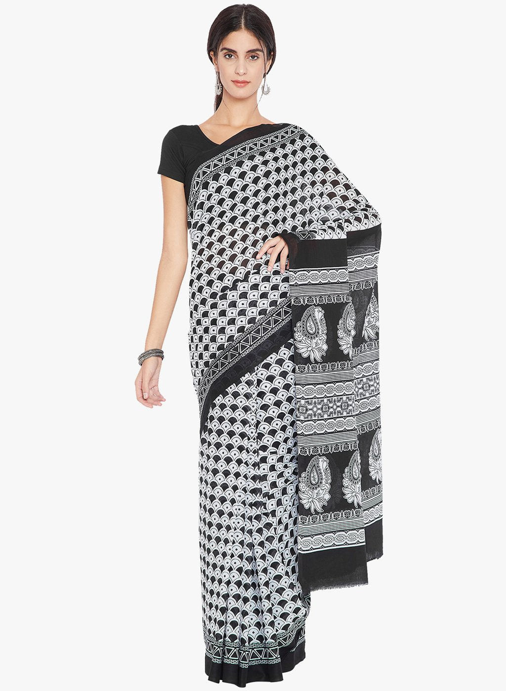 Black & White Screen Print Handcrafted Cotton Saree - Kalakari India