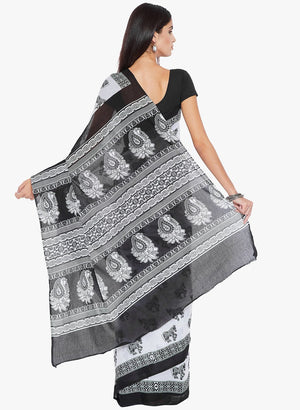 Black & White Screen Print Handcrafted Cotton Saree - Kalakari India