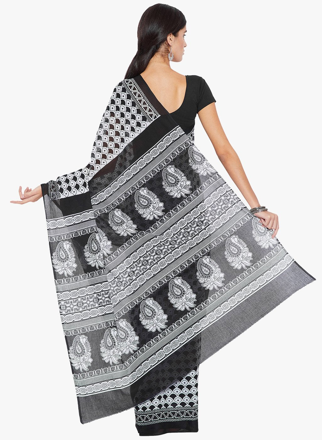 Black & White Screen Print Handcrafted Cotton Saree - Kalakari India