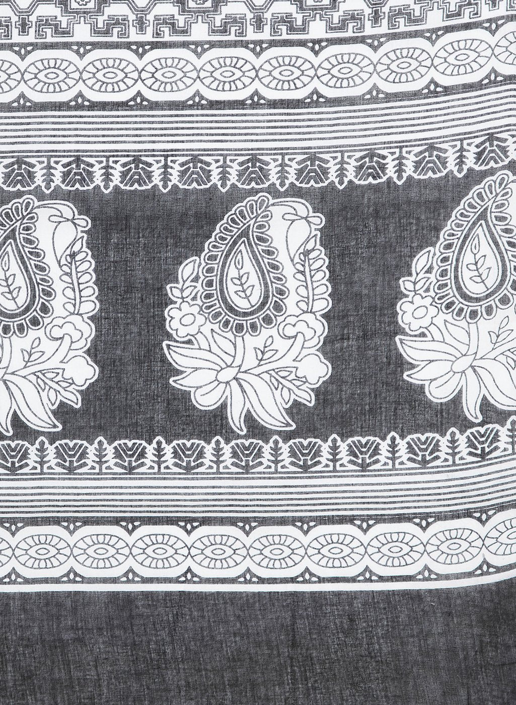 Black & White Screen Print Handcrafted Cotton Saree - Kalakari India