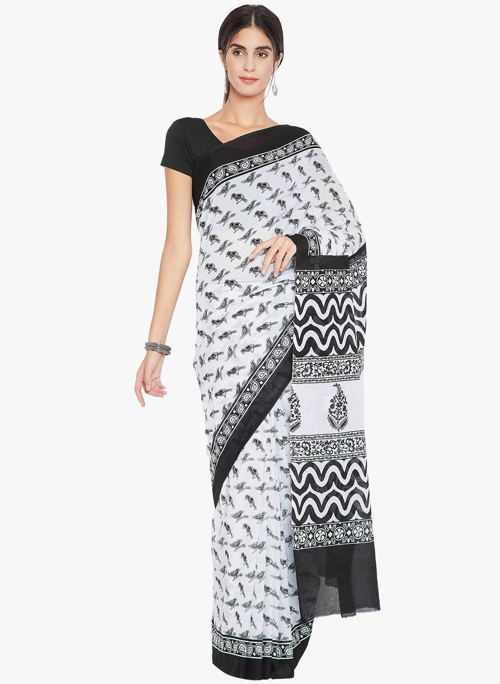 Black & White Screen Print Handcrafted Cotton Saree - Kalakari India