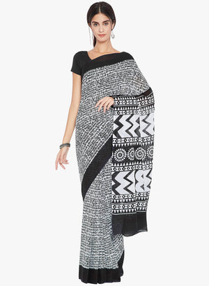 Black & White Screen Print Handcrafted Cotton Saree - Kalakari India